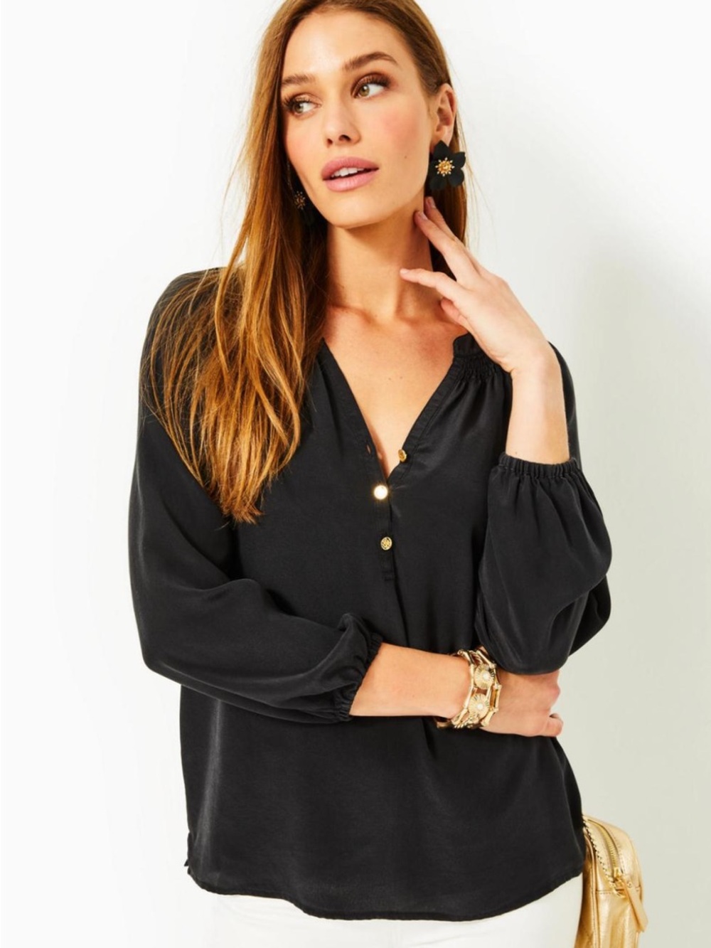 Lilly Pulitzer Elsa Silk Notch Neck Long Sleeve Half Button Blouse Black XL Chic